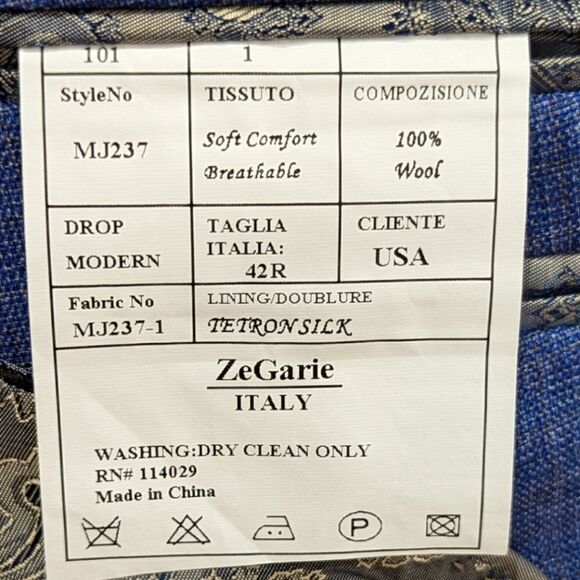 ZeGarie Uomo Men's EU 42R Two Button Blazer 100% Wool Silk Lined in Blue - Picture 9 of 9